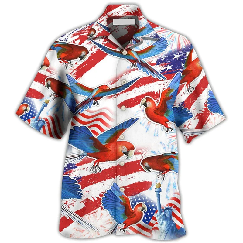 

Гавайская рубашка для мужчин с американским флагом и 3d принтом, летние топы с короткими рукавами и животным принтом, Пляжная Свободная блузка с лацканами и пуговицами