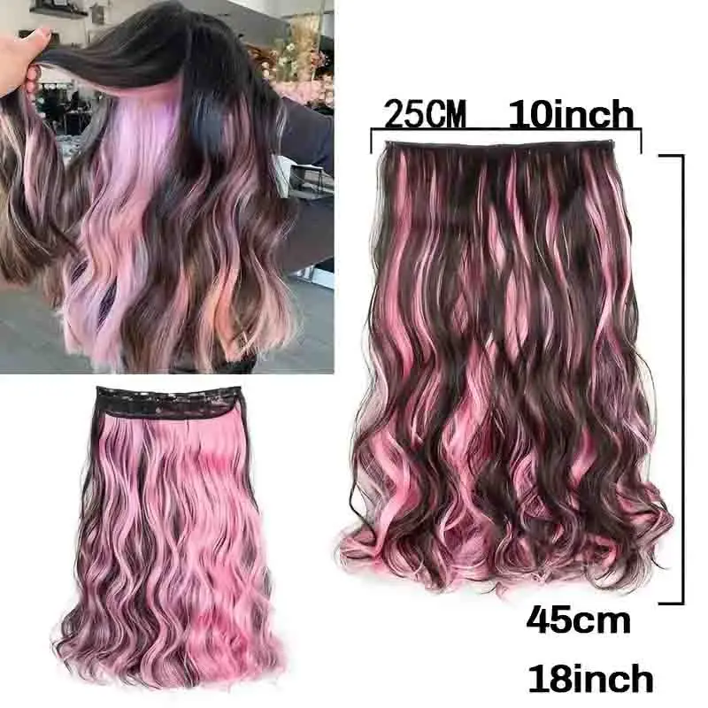 One Piece Clip Hair 5 Clip Color Highlight Long Wavy Hair Piece Seamless Extension 18 Inches Halloween Christmas