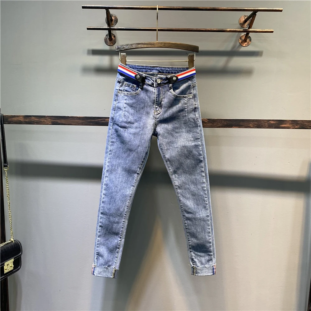 

Women Summer New Fashion Korea Style Elastic Waist Ankle Length Patchwork Pants Female Basic Baggy Jeans Loose Trouser