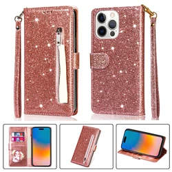 Stylish Glitter Zipper Wallet with Card Holder & Magnetic Flip Stand Leather Case for iPhone 13 (Rose gold)