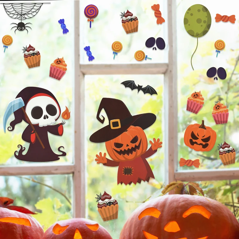 9PCS Halloween Window Stickers Ghost Pumpkin Witch Window Decor Sticker Haunted House Halloween Party Decor Bar Home Wall Decal