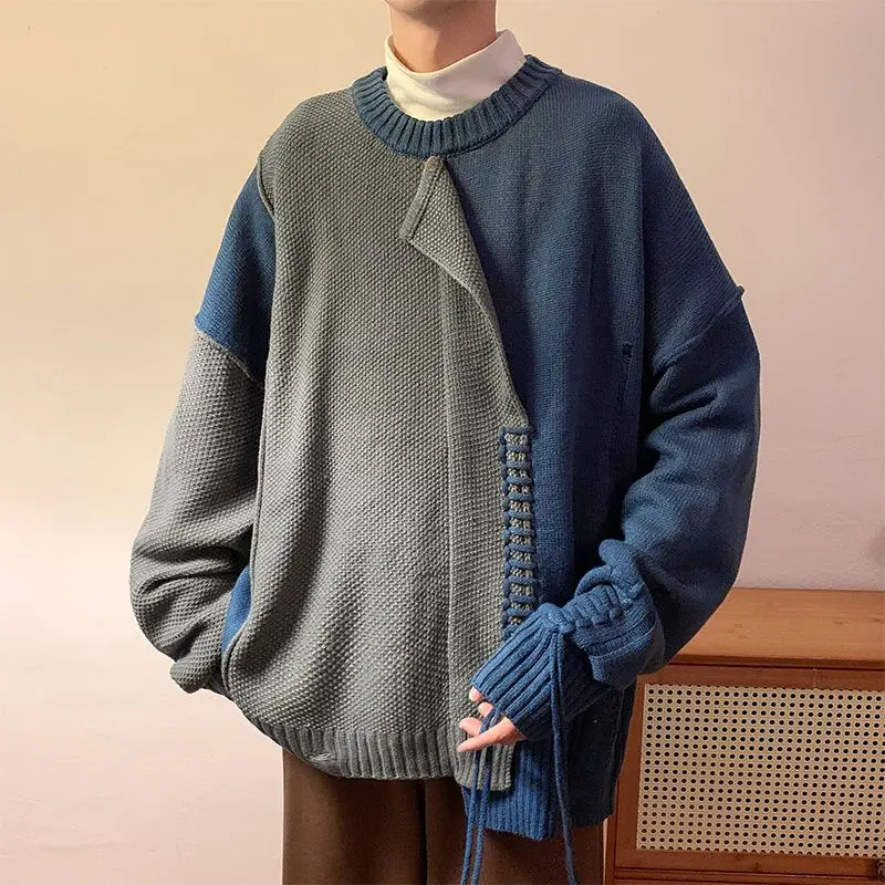 Patchwork Men's Sweater With Pattern Vintage Harajuku Paired Japanese stylesystemClothes Knitted Pullovers New Year Pullover