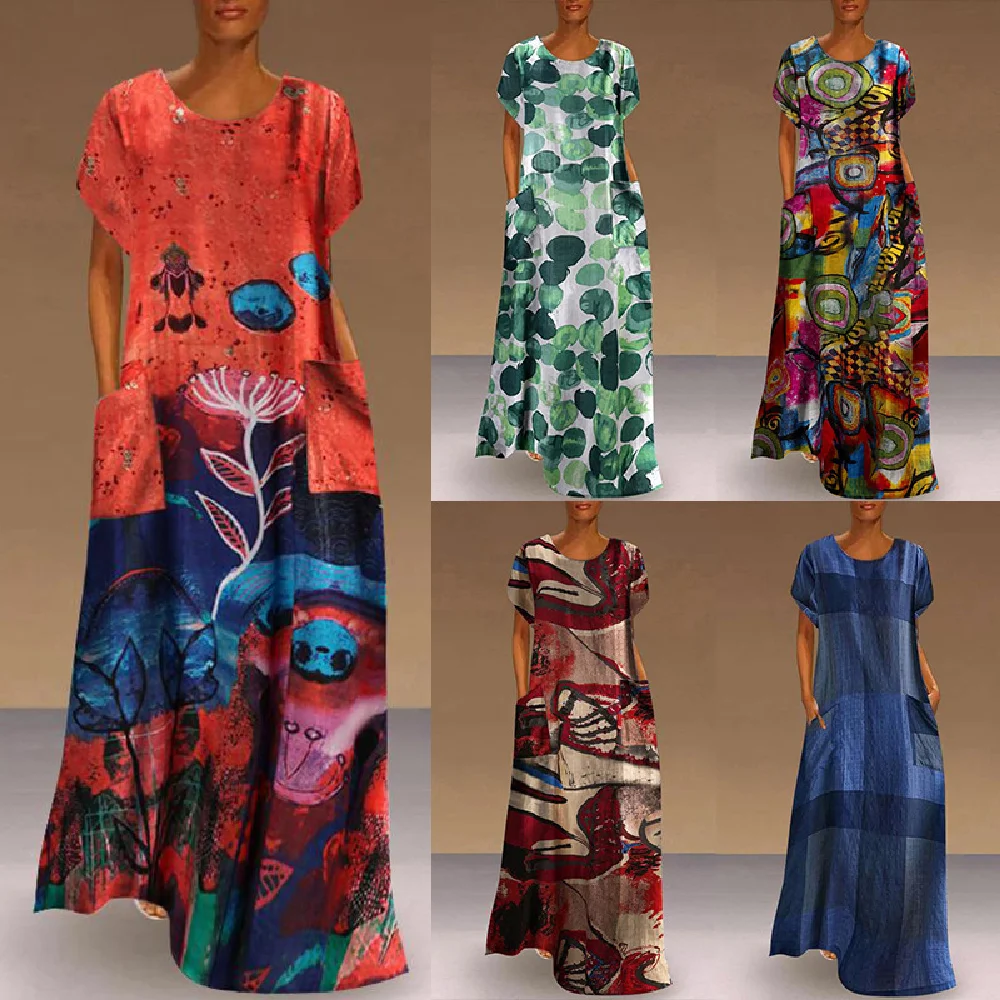 

Europe And The United States Summer Women's Short Sleeve Long Skirt Print Casual Dress Women's Dress