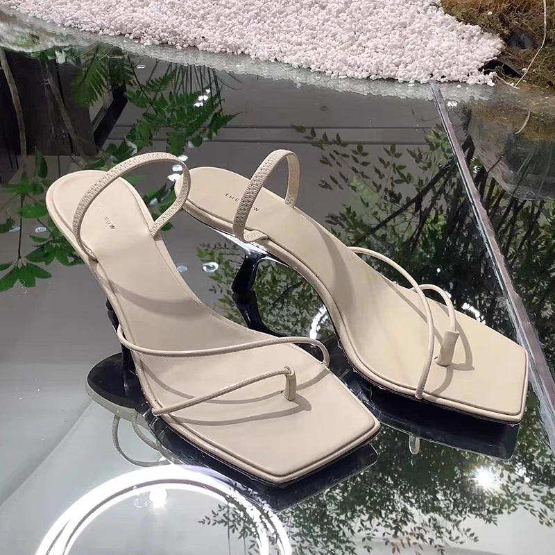 2023 Summer Vintage Thin Strap Sandals For Women Elegant Slip-On Heel Slippers Thin Heels Fashion Black White Shoes Ladies Hot