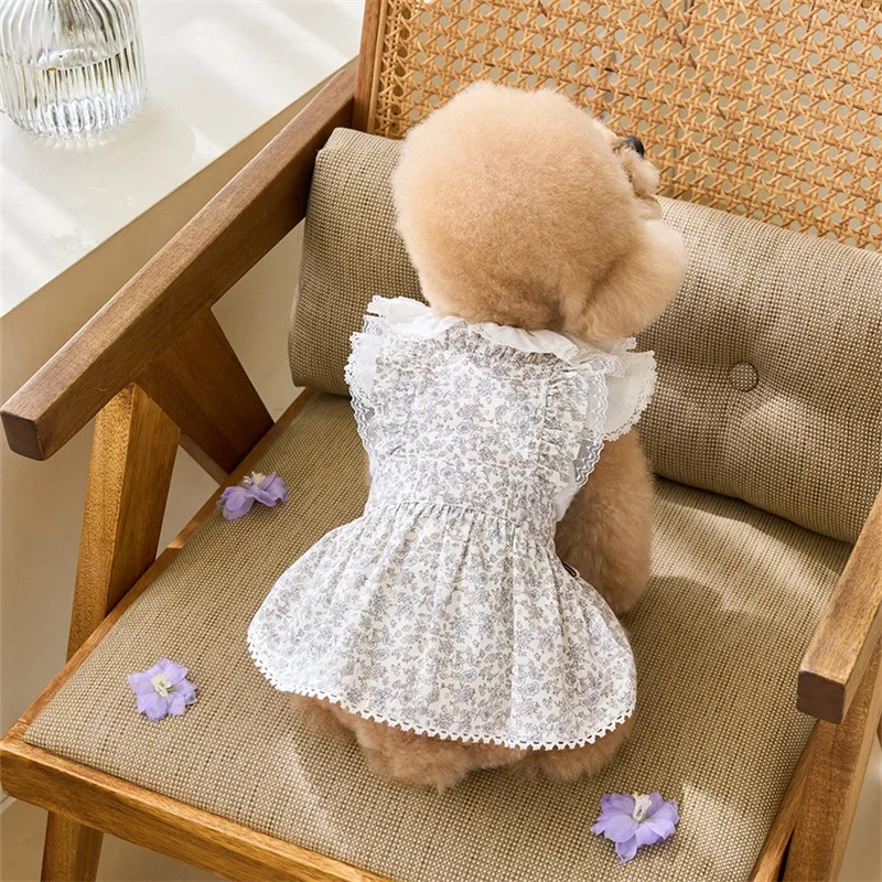 Spring and Summer Pet Clothes French Floral Dress Cute Small Dog Skirt Princess Bichon Frise Dog