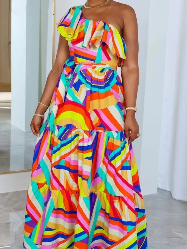 

Zoctuo Fashion Ruffles Long Dresses Women Colorful Striped One Shoulder Big Swing Vestidos 2023 New Sexy Backless Party Dress