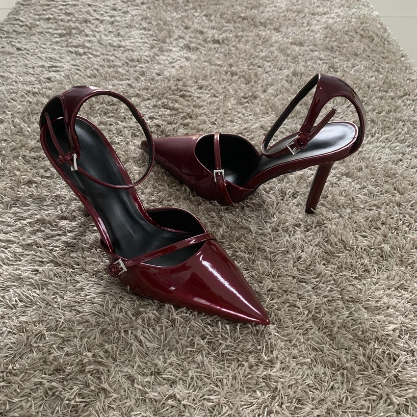 Fashion Dark Red Ankle Strap Pumps Women Point Head Patent Leather Stilettos Summer Sexy Thin High Heels Sandals For Woman 3