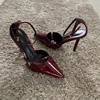 Fashion Dark Red Ankle Strap Pumps Women Point Head Patent Leather Stilettos Summer Sexy Thin High Heels Sandals For Woman 3