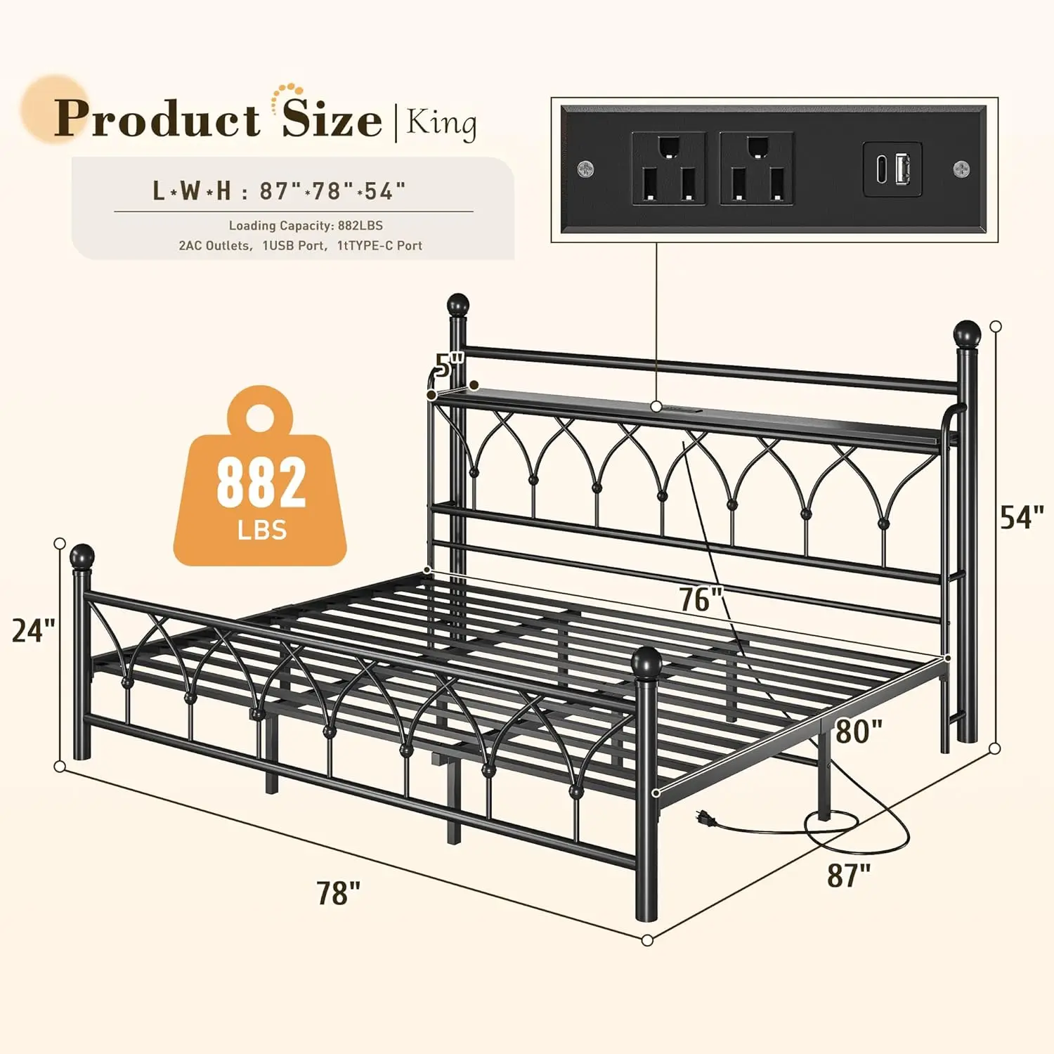 King Bed Frame with Headboard, Metal King Size Bed Frame with LED Lights and Power Outlets, Heavy Duty Steel Slats Support