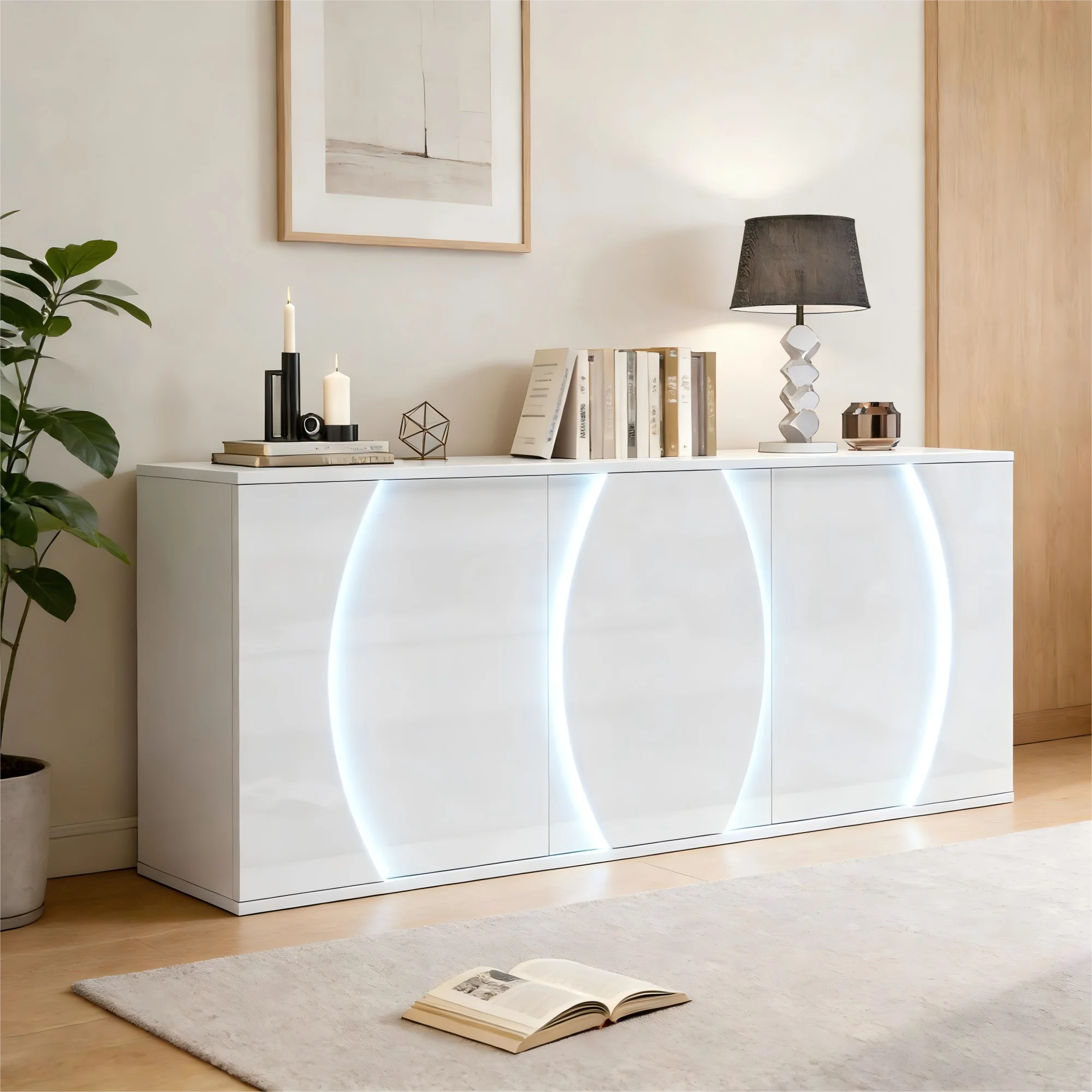150 x 40 x 70 cm, Wohnzimmer-Sideboard, Hochglanz-Wohnzimmerschrank mit drei Türen, Aufbewahrungsschränke mit LED-Türen – Detail 17