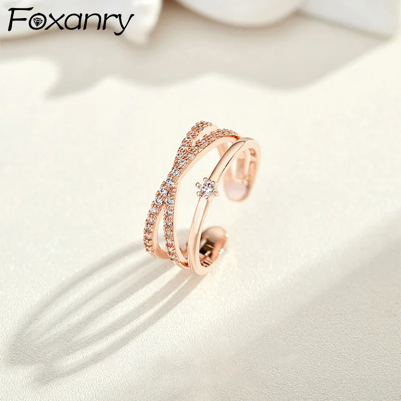 Foxanry Cross Rings for Women Girls Sparkling Zircon Lines Wedding Jewelry Gift
