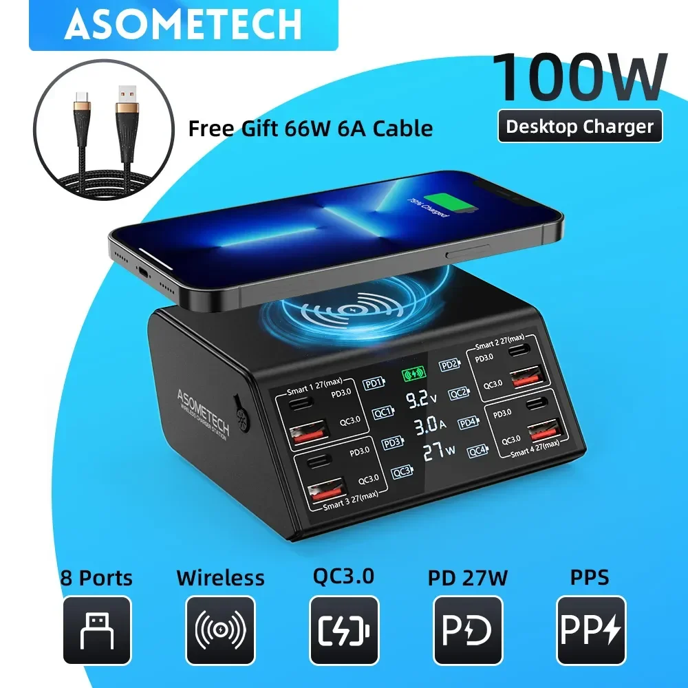 ASOMETECH AS838W 100W QC PD3.0 USB Charger Wireless Chargers Quick Charge 8 Port Charger Fast Charger Charging Station For IPhone 12 13 Xiaomi