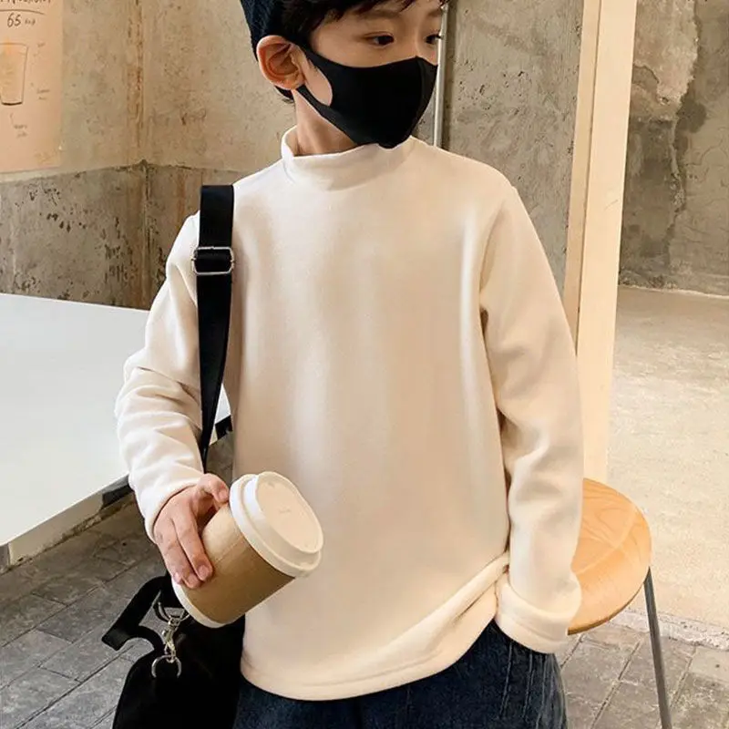 New Baby Boys T shirt Fashion Autumn Winter Solid Thermal Long Sleeve Casual High Collar Thin Velvet Heating Tops 6 8 10 12 Year 4