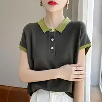 Women's Polo Contrast Color Knitted T-shirts Luxury High Quality Original in Trend 2025 Korean Style Clothing Baggy Female Tee - Image 5