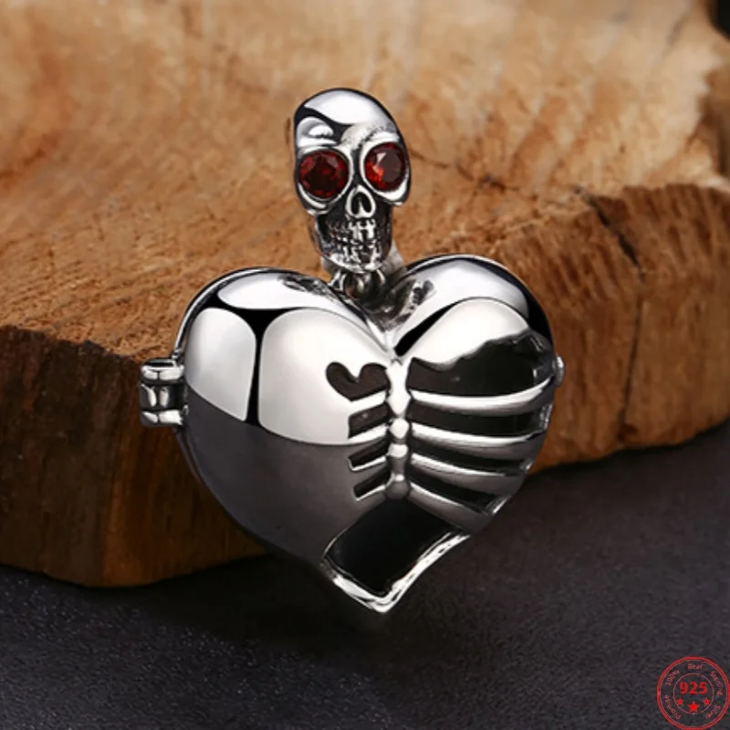 

Genuine S925 Sterling Silver Pendants for Women Men New Fashion Hollow Love Skull-Heart can be Opened Jewelry Free Shipping