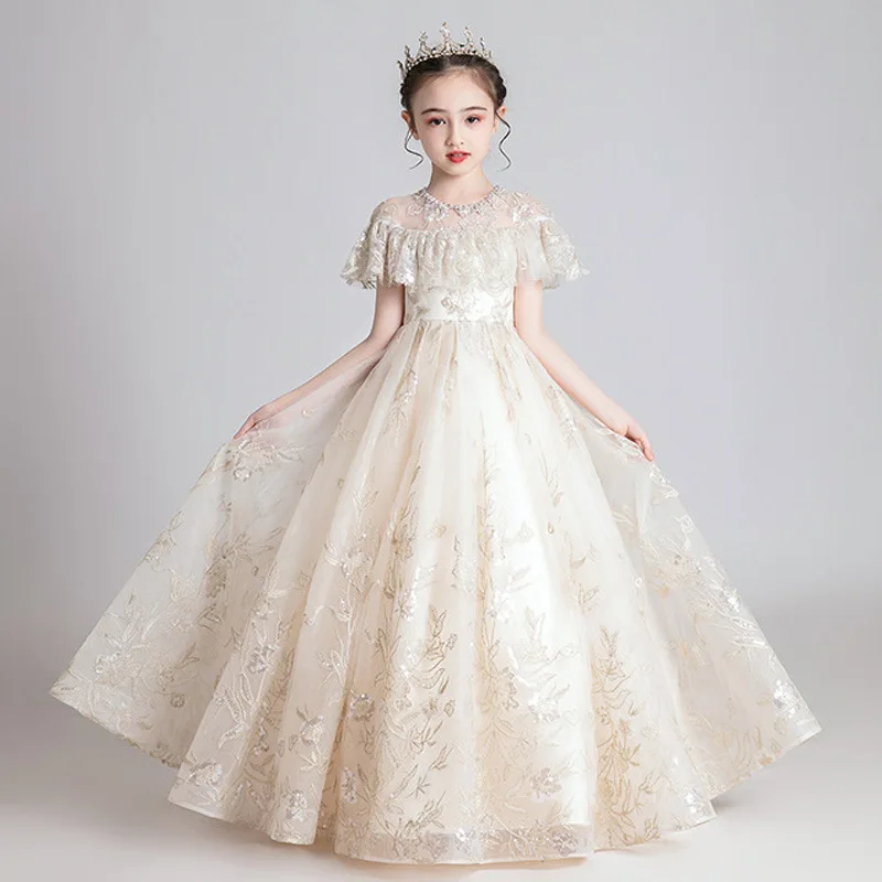 

Flower Girl Dress Champagne Puffy Mesh Wedding Girl Princess Dress Host Piano Performance Ball Gown Pageant Dresses for Girls