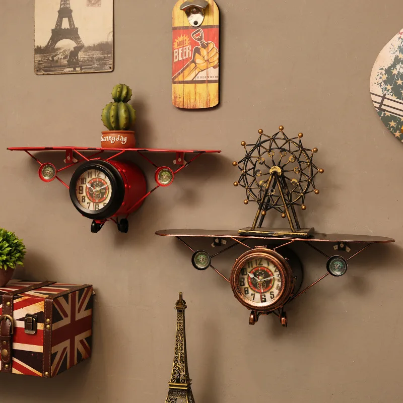 American Retro Plane Model Wall Clock, Industrial Bar Decor Item, Creative Aged Storage Shelf, Aviation Catalog