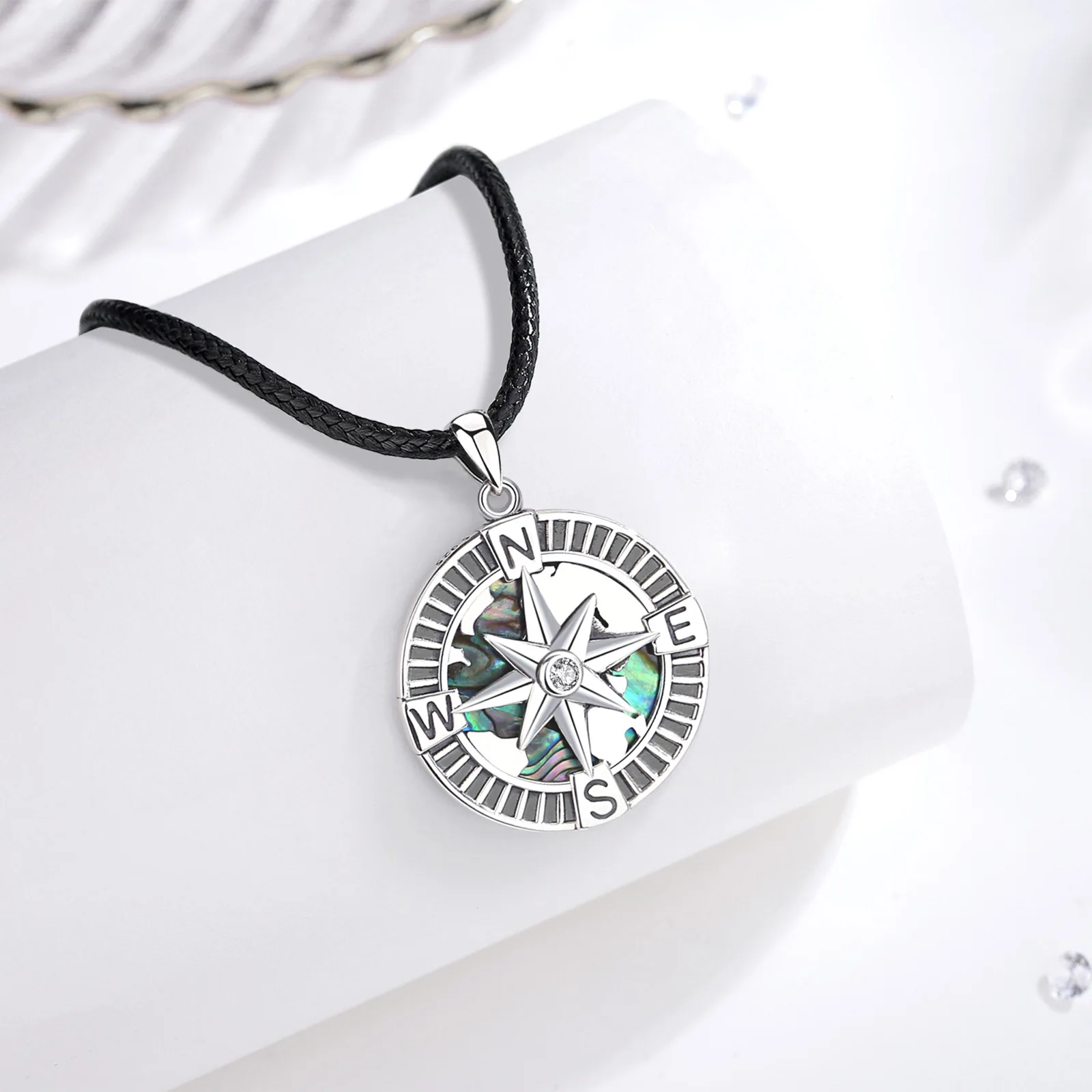 Eudora 925 Sterling Silver North Star Necklace for Women Man Natural Abalone Shell Compass Pendant Personality Jewelry Fine Gift