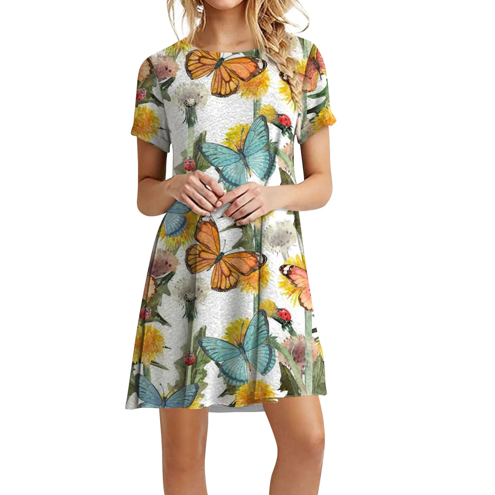 

Women'S Summer Clothes Sunflower Print Loose Round Neck Crewneck Short-Sleeved Sundress Women'S Summer Dresses 2023 Vestidos