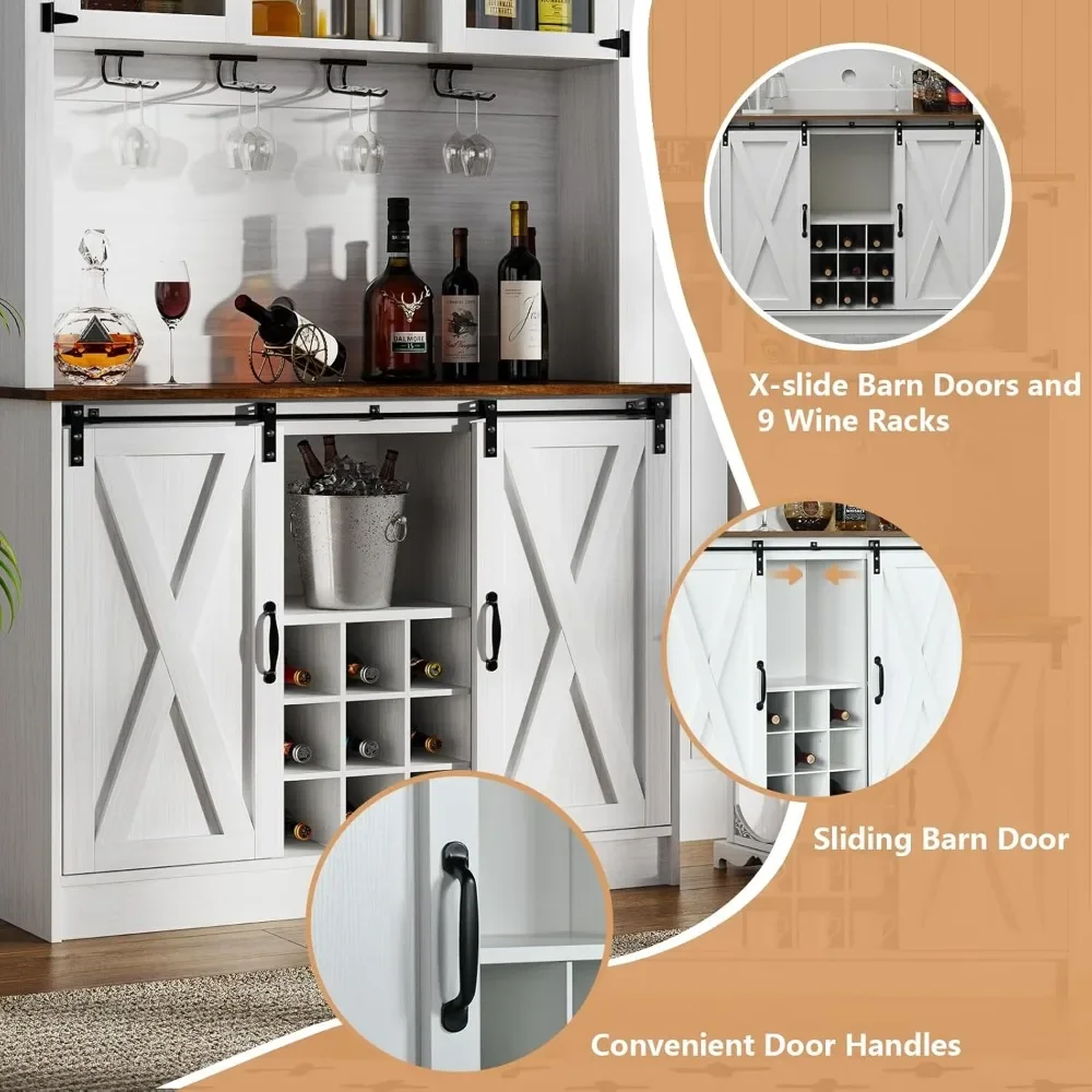 Farmhouse Coffee Bar Hutch with Sliding Barn Doors，72&rdquo;White Buffet Cabinet with Hutch, Glass Doors and Wine Rack