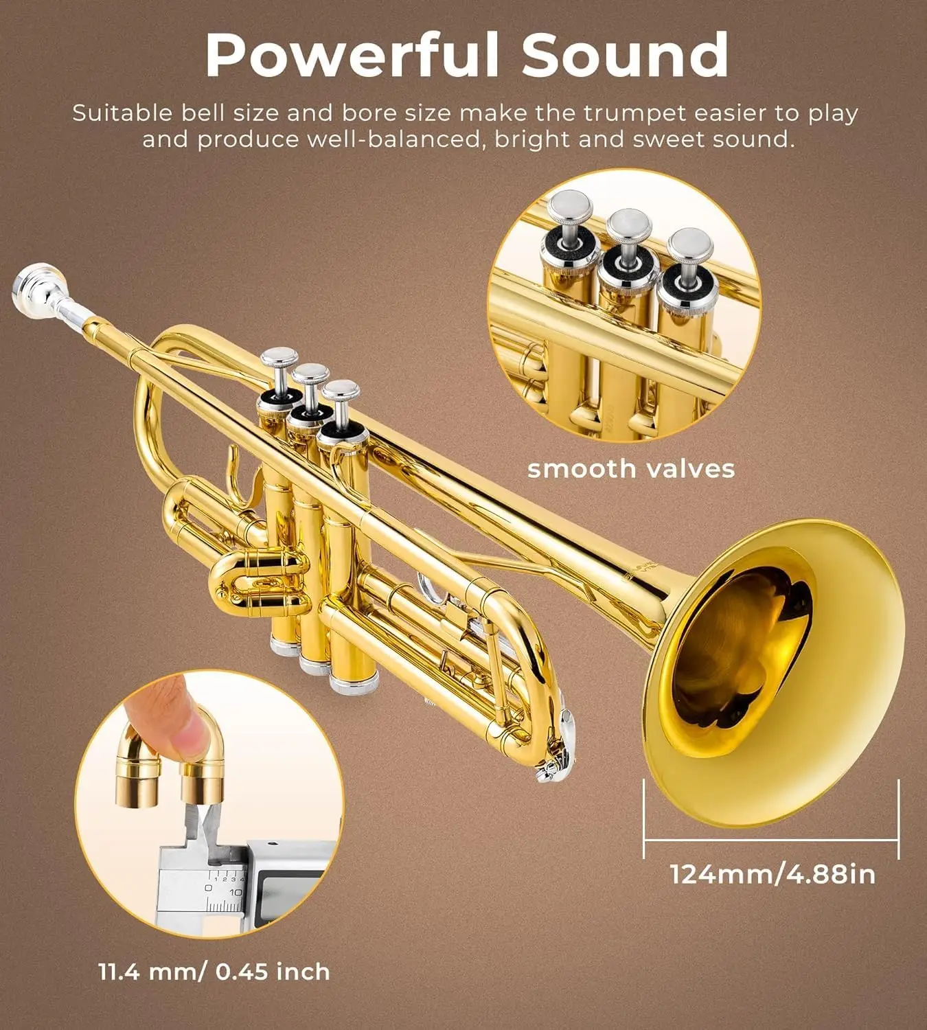 Bb Trumpet Brass Standard Gold Trumpet Instrument for Student School Band Orchestra Adult Kid Beginner with Hard Case, St