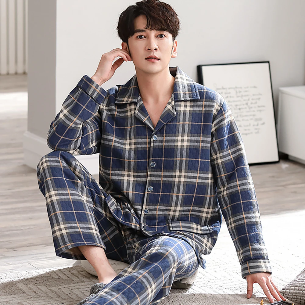 Autumn Winter Air Cotton Thicken Pajamas for Men Warm Quilted Plaid Pijama Hombre Set Male Comfortable Soft Buttons Pyjama Homme