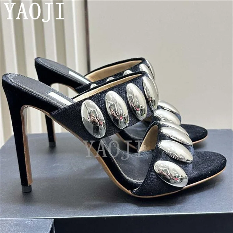 

Brand Fashion High Heel Sandals Metal Decor Formal Mules Ladies Dress Slides Summer Fashion Designer Shoes Women Sexy Slippers