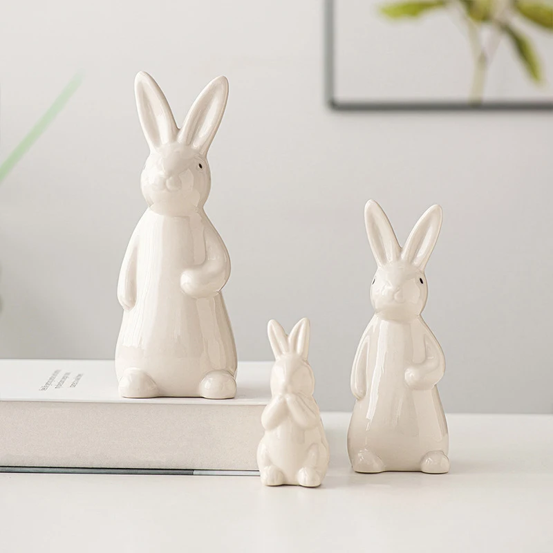 Bookshelf Easter Decorations White Ceramic Bunnies Home Tabletop  Bunny Microlandscape Ornament For Garden Backyard Decor Crafts 2