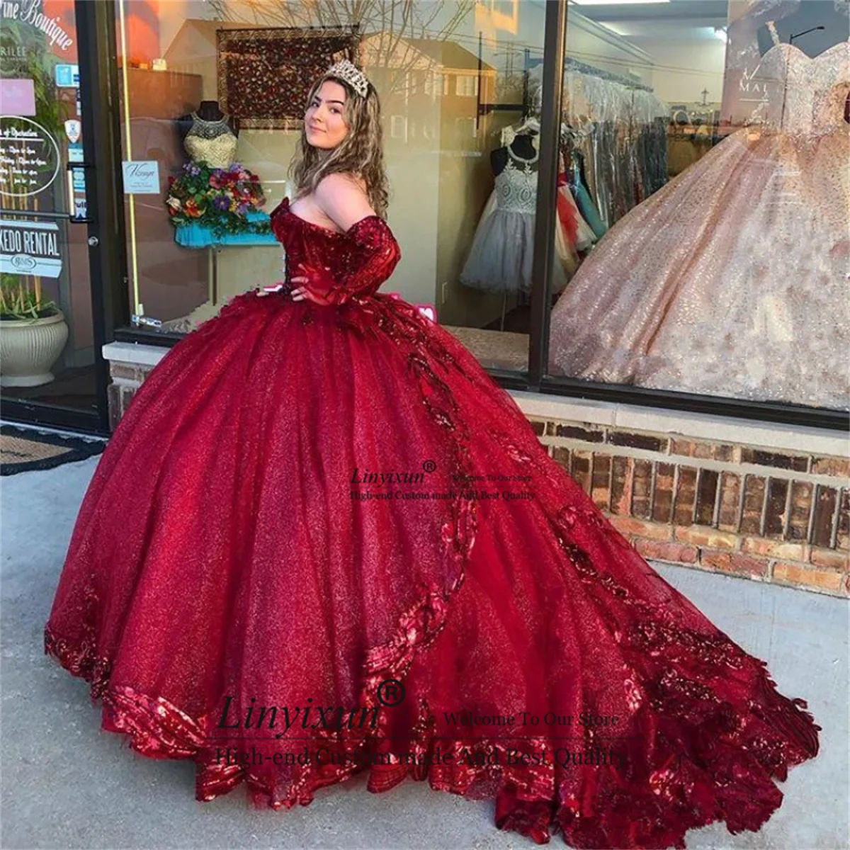 

Burgundy Quinceanera Dresses Detachable Long Sleeve Sequins Applique Sparkly Ball Gown Prom Sweet 16 Gowns Vestidos De XV Anos