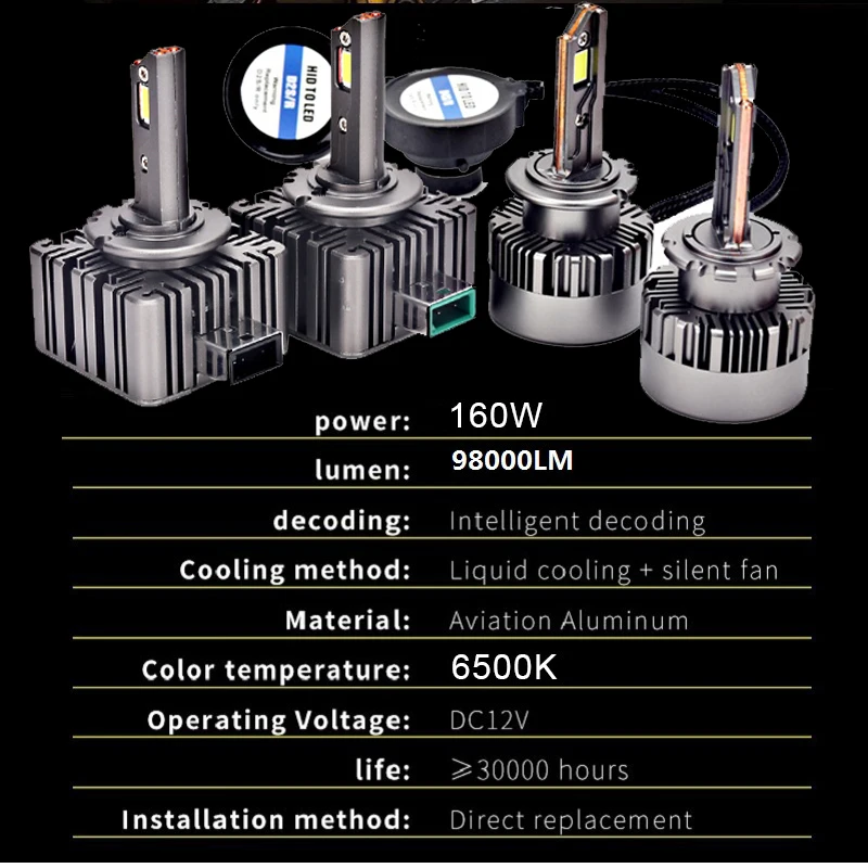 자동 LED 헤드라이트, 6500k 화이트 LED 조명, 3 구리 튜브 포함, 160W, 98000LM, D1S, D3S, D2S, D4S