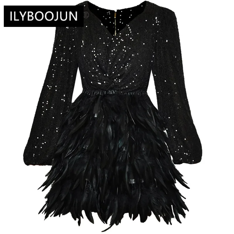

Designer Black Vintage Party Dress Women's V Neck Sequins Elastic Waist Feather Spliced Mini Short Dresses For Women 2023 Luxury