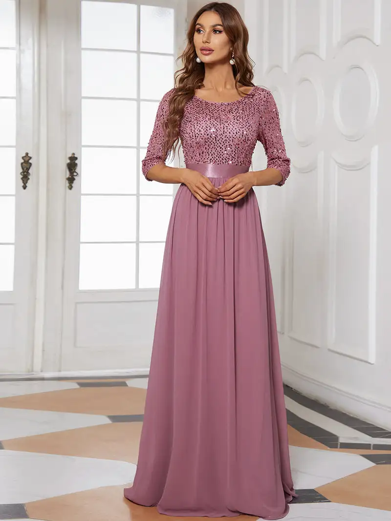 Elegant Evening Dresses Long A-LINE O-Neck Three Quarter SLeeve Lace Gown 2024 Ever Pretty Of Orchid Simple Prom Women Dress