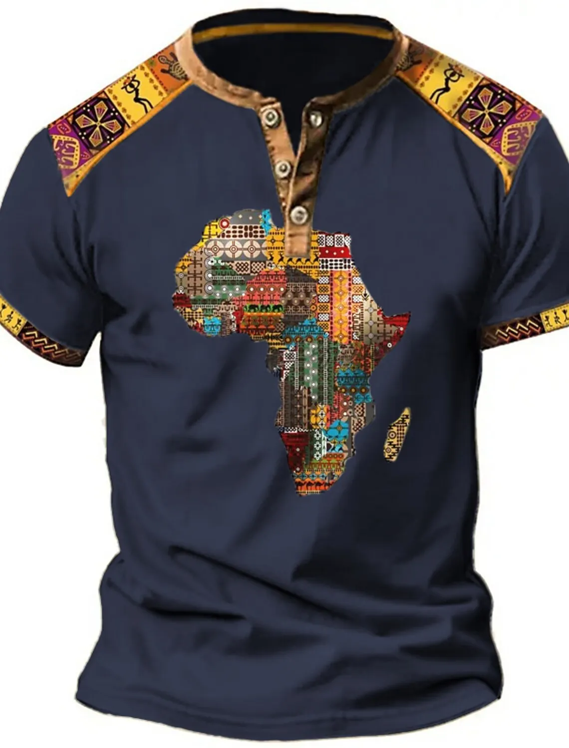 Vintage Men's T Shirt Africa Global 3D Printed T Shirt V Neck Button Oversized Short Sleeve Outdoor Streetwear Tops Clothing