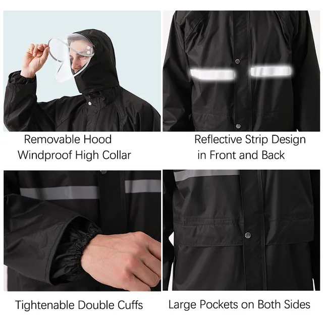 Megvastagodott, Hosszú Férfi Vízálló Esőkabát Fekete Divat Felnőtt Egy Darabból Álló Kapucnis Hálóbéléssel Eső Poncsó - Image 6