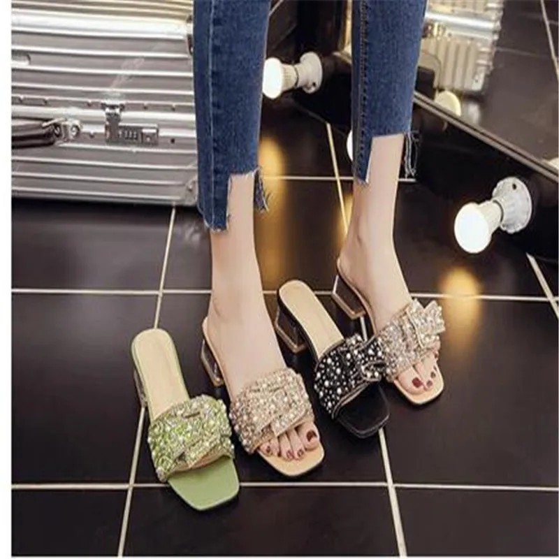 

2023 Rhinestone Sequins Designer Slides Luxury Non-Slip Square Heel Women Slippers Fashion New Butterfly-knot Sandals