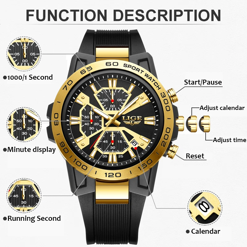 LIGE Fashion Sports Chronograph Watch Men Business Silicone Waterproof Men's Quartz Wristwatches Casual Military Date Watch Men 3