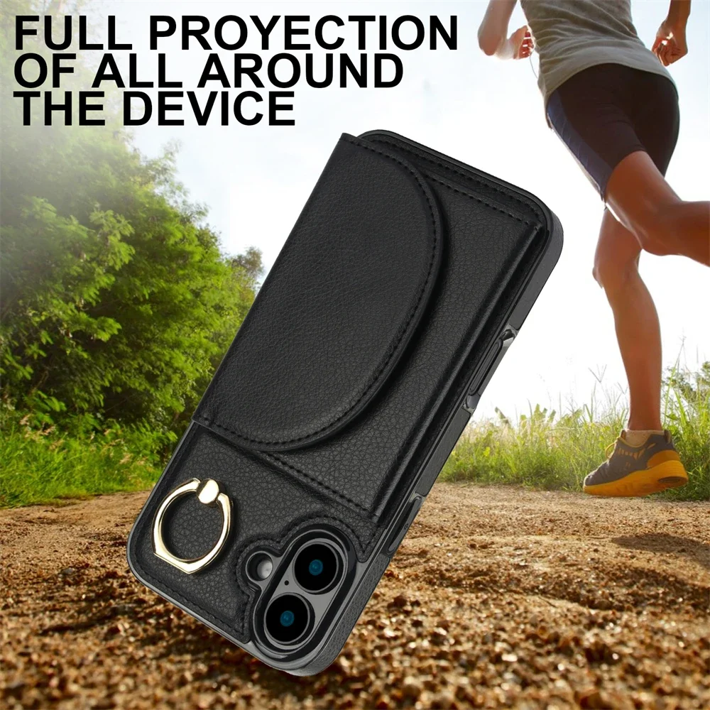Plånboksfodral i läder för iPhone 16 Pro Max 14 15 13 fingerringhållare telefonfodral kortficka heltäckande skydd_voghion.com