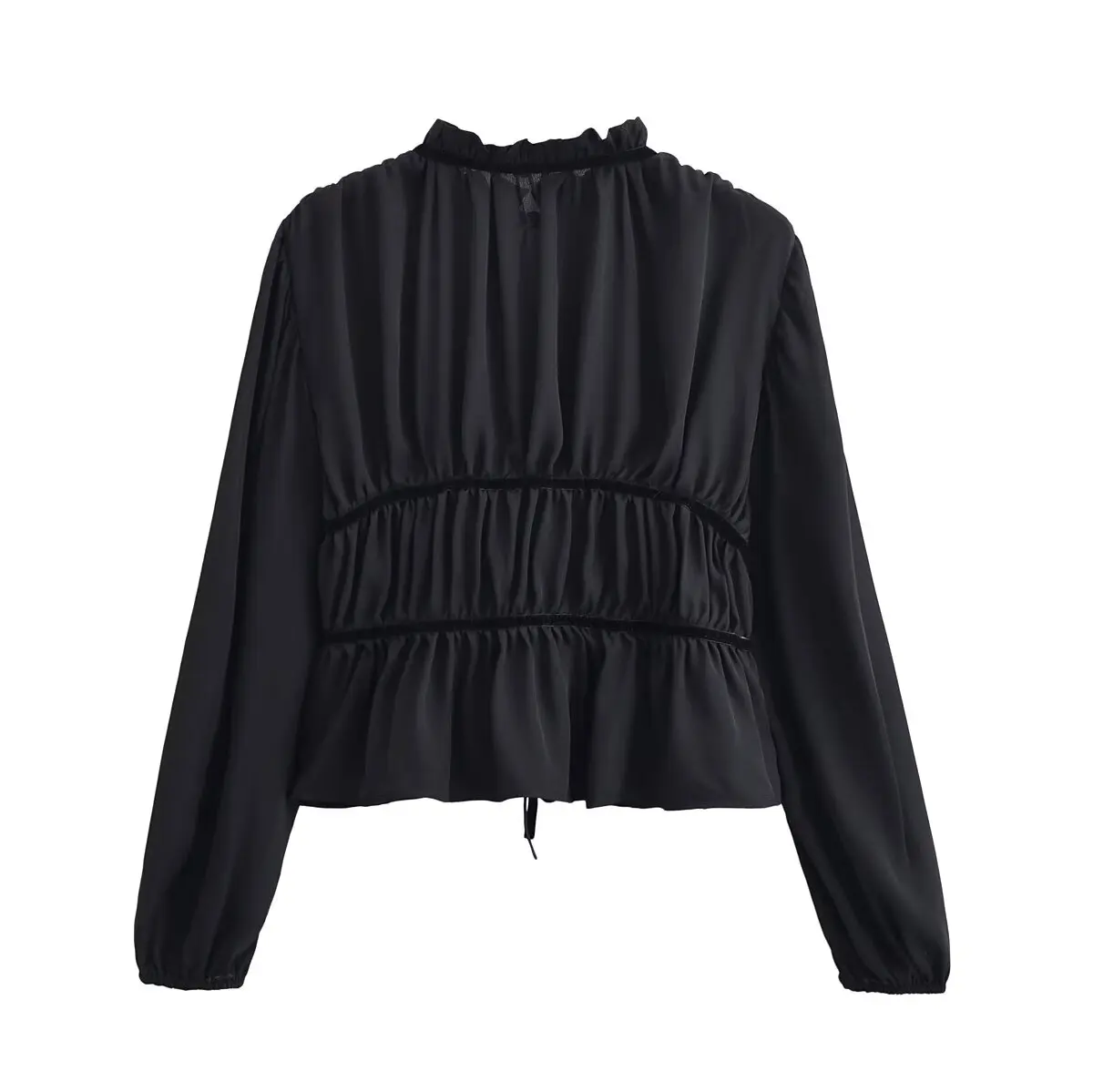 Women Spring Autumn Fashion O-Neck Blouse Female Long Sleeves Bow Lace-Up Pleated Decoration Shirt Lady Slim Loose Black Blouse