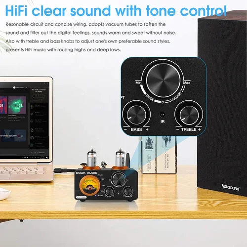 Douk Audio-HiFi 블루투스 5.0 진공관 앰프, USB DAC 스테레오 수신기, 동축/OPT 홈 오디오 디지털 앰프, VU 미터 포함 100w + 100W 5