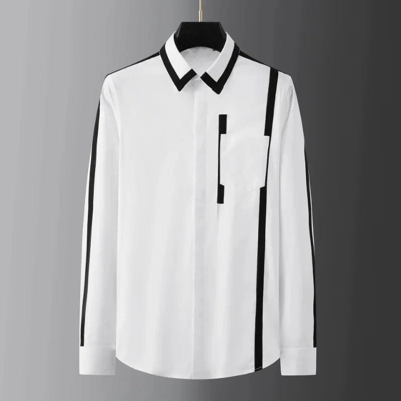 

Minglu Ribbon Splicing Cotton Mens Dress Shirts High Quality Long Sleeve Casual Male Fashion Slim Fit Party Man