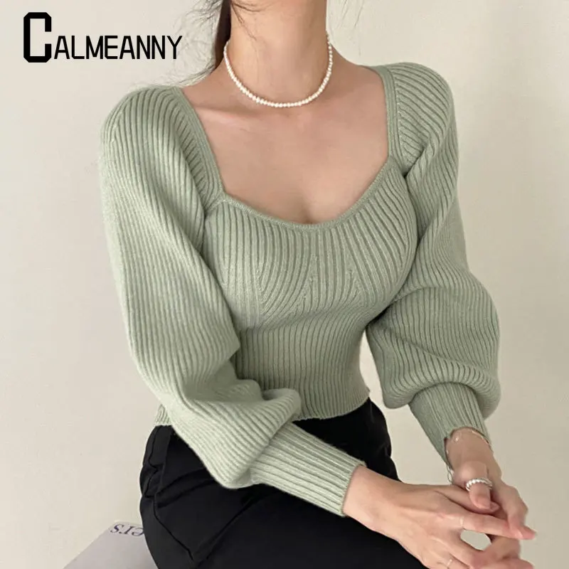 

Women Knitted Sweater 2023 Autumn Winter Korean Edition Square Collar Slim Lantern Long Sleeve Knitwear Elegant Short Sweater