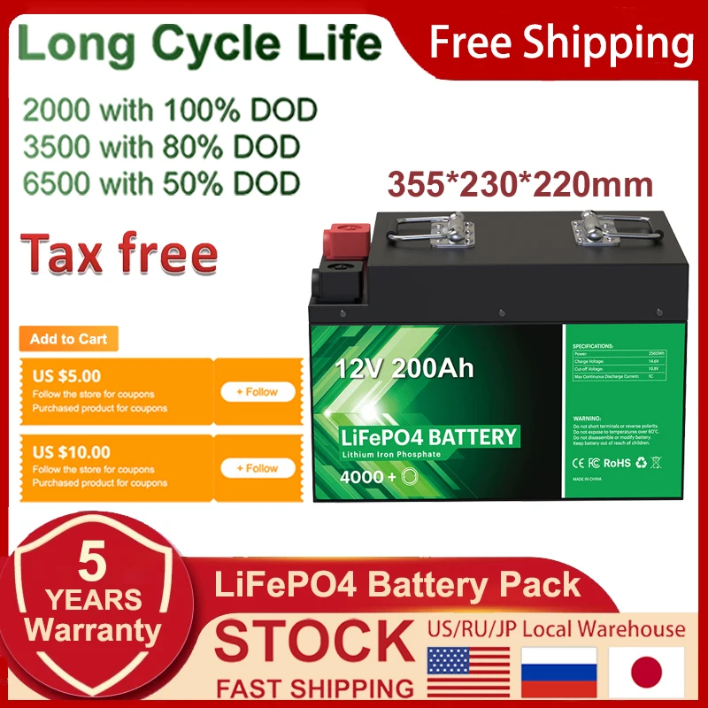 

12V 200Ah LiFePo4 Battery Pack Built-in BMS,for 12.8V E-bike RV Solar Wind Power Home Storage Lithium Iron Phosphate Battery