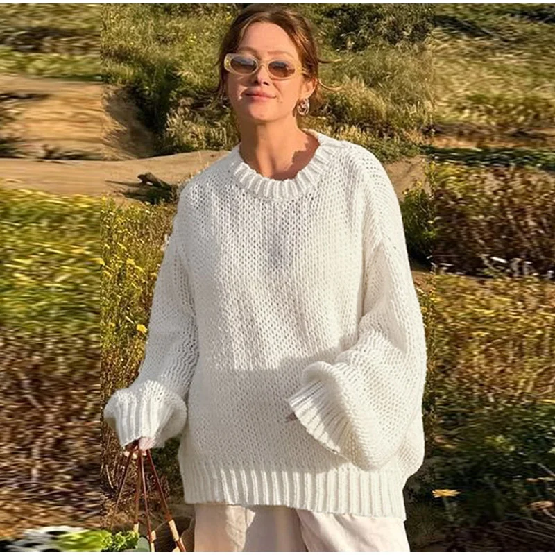 Casual Knitted Hollow Out O-neck Sweaters Women Loose Solid Long Sleeve Pullover Sweater Female Autumn Chic Elegant Street Tops
