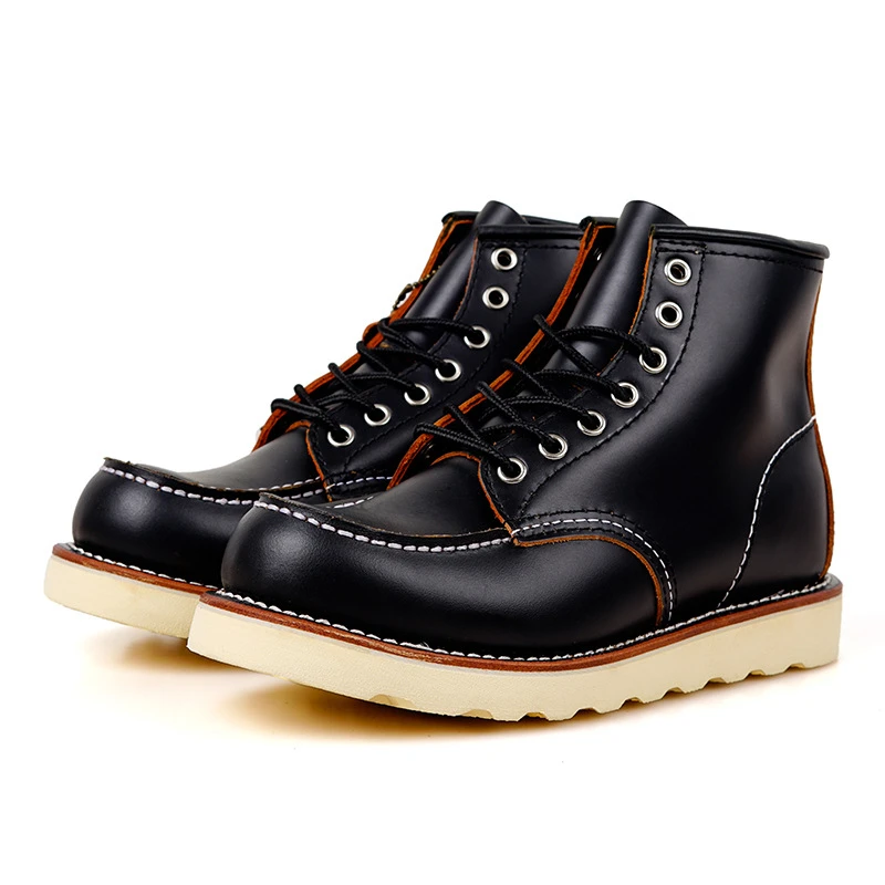 Goodyear-Welted Vintage Genuine Leather Ankle Motorcycle Boots Wings Square top Men Casual Dress Work Boots Shoes men punk mens leather boots motorcycle leather boots