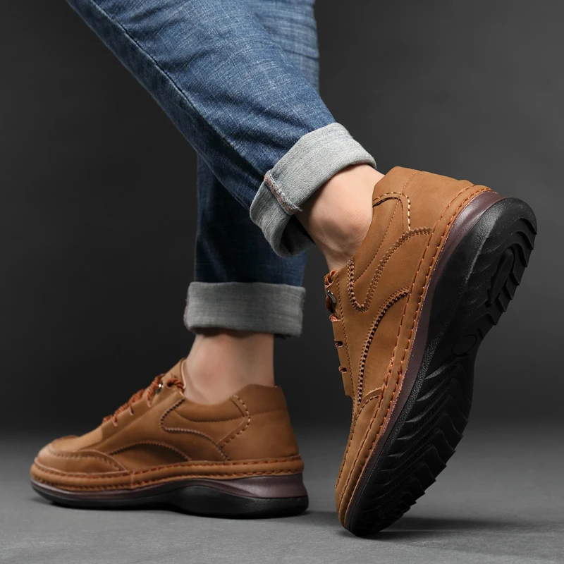 Classic Hot Sale Mens Leather Casual Shoes Soft Sole Lace-up Luxury Brand Lightweight Mountaineering Shoes Male Outdoor Sneakers 3