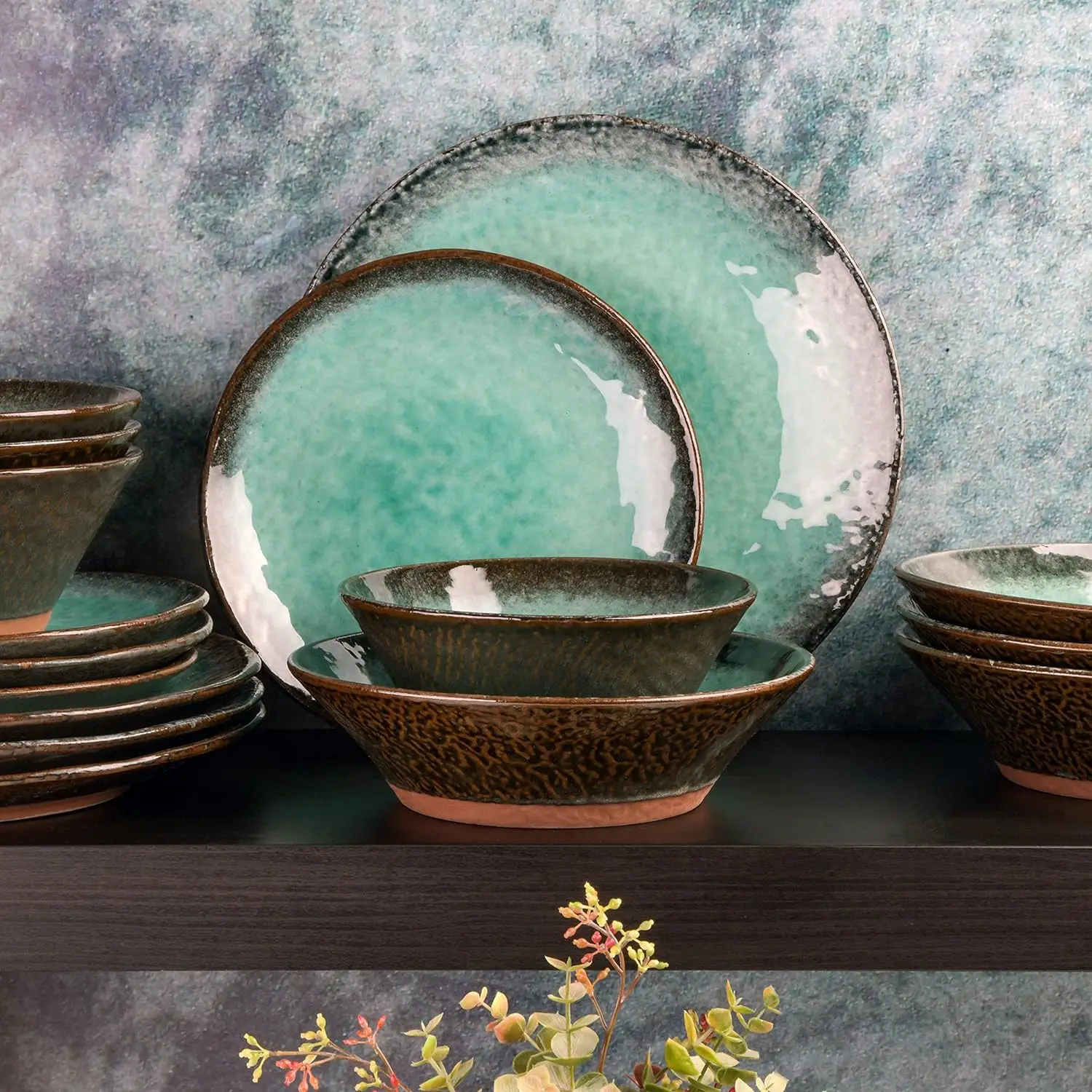 Gibson Elite Green Lantern Service for 4 (16 Piece) Double Bowl Dinnerware Set, Teal, Soft Gray, Dinnerware Set
