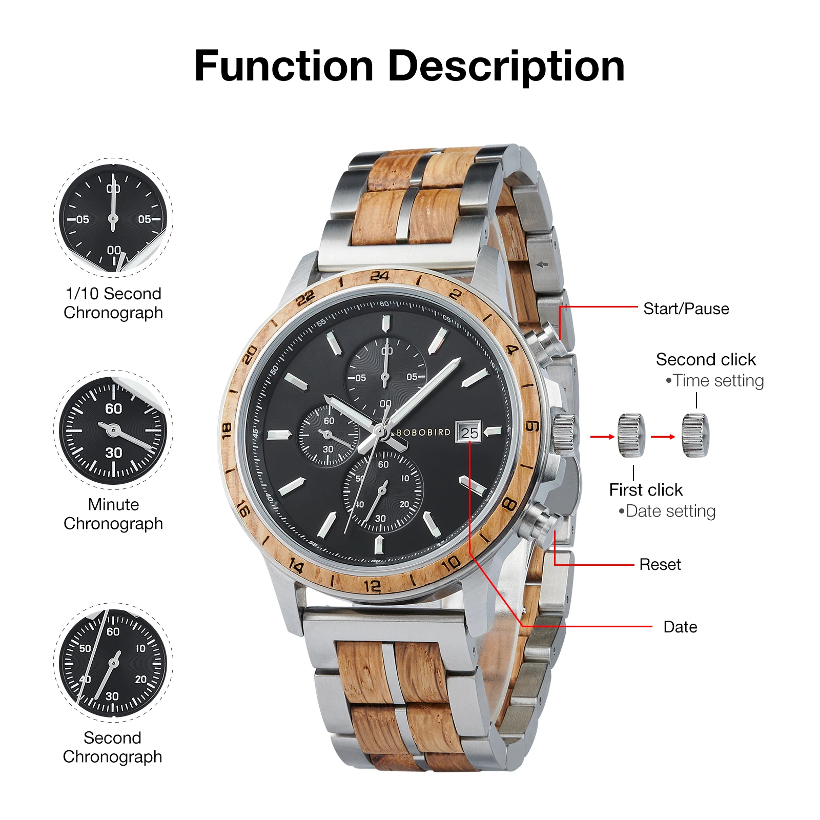BOBO BIRD Men's Wooden Watch Japanese Movement New Top Fashion Quartz Wristwatch Chronograph Military Timepieces Custom Gift Box
