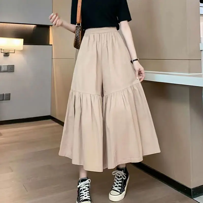 Simplicity All-match Casual Patchwork Solid Color Pants Summer Female Elastic High Waist Fashionable Loose Wide Leg Trousers