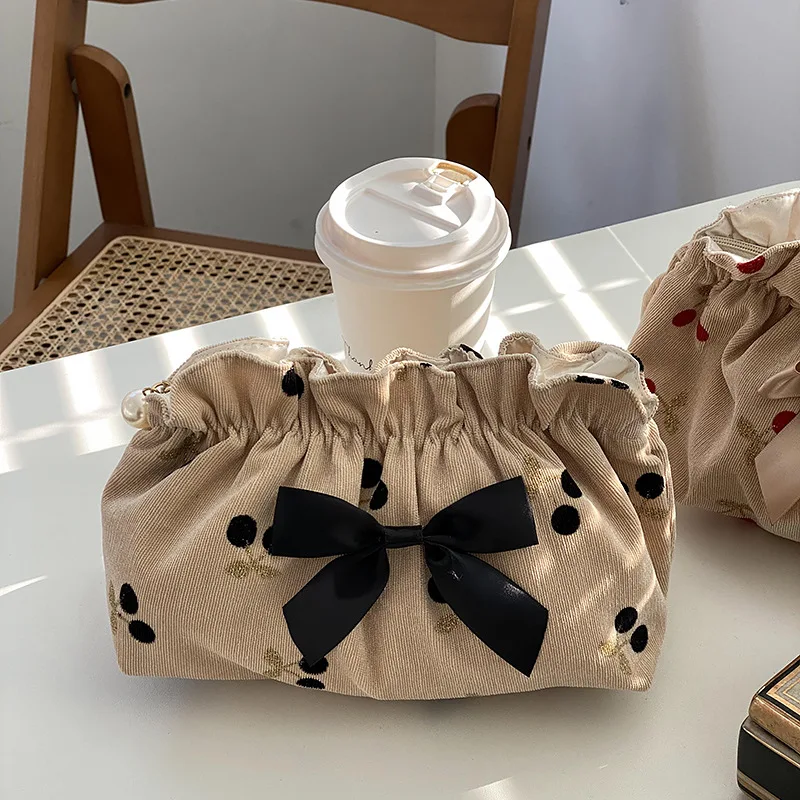 Soft Corduroy Cherry Make Up Bags for Mom Mommy Bag Baby Diaper Nappy Organizer Bowknot Women Evening Cluth Purse Maternity Bag 6