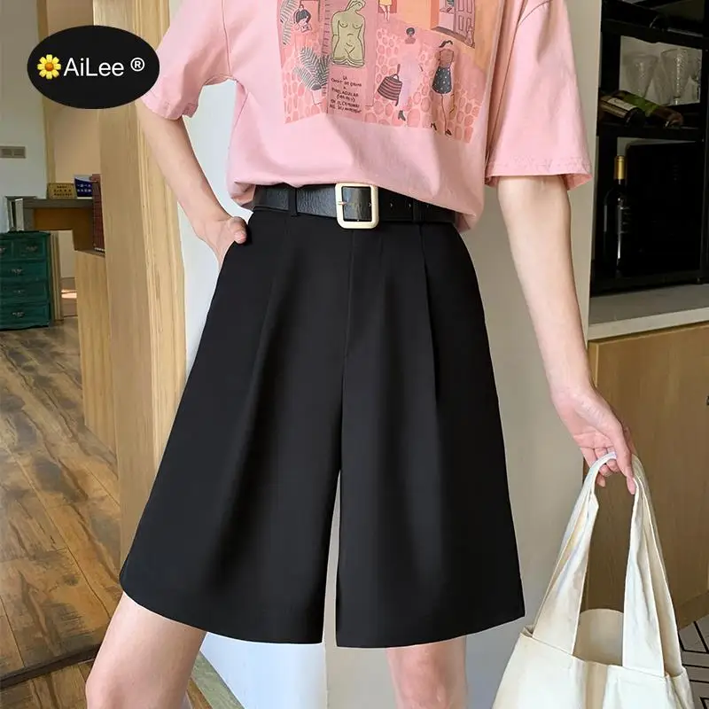 Suit Shorts Women Summer Button Knee Length Black Wide Leg Loose Drape Korean Style Shorts Womens Office BF Streetwear Simple